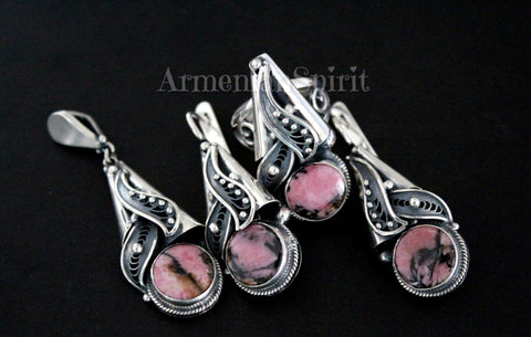 Buy handcrafted jewelry set with unique design and one of a kind with rhodonite pink gemstones. The jewelry set is with unique design which is idea of Armenian artisan and jewelry maker. The pattern has details of Armenian taraz tradtional costume.