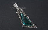 Long pendant for woman made in a shape of triangle with emerald gemstones and marcasites on it.