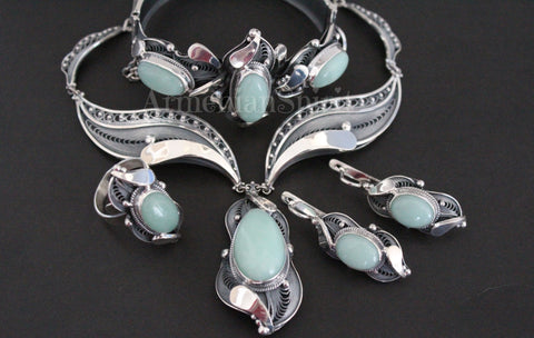 Silver 925 Set necklace bracelet earrings ring jade