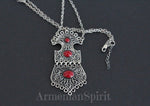 Buy Armenian necklace taraz tradtional jewelry silver 925. The pendant is large and has red details with Armenian national ornaments. The necklace pendant will suit well with Armenian women tradtional outfit dress and apron in red,blue, green colors.