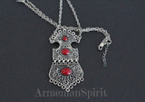 Buy Armenian necklace taraz tradtional jewelry silver 925. The pendant is large and has red details with Armenian national ornaments. The necklace pendant will suit well with Armenian women tradtional outfit dress and apron in red,blue, green colors.