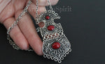 Buy Armenian necklace taraz tradtional jewelry silver 925. The pendant is large and has red details with Armenian national ornaments. The necklace pendant will suit well with Armenian women tradtional outfit dress and apron in red,blue, green colors.