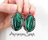 Get fancy with these handmade Armenian artisan earrings! Crafted with high quality 925 sterling silver and stamped with a 925 mark, each pair features a beautiful oval malachite gemstone. Embrace your unique style with this one-of-a-kind design!
