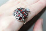 Pomegranate ring with large red stones  made by Armenian artisans from sterling silver 925
